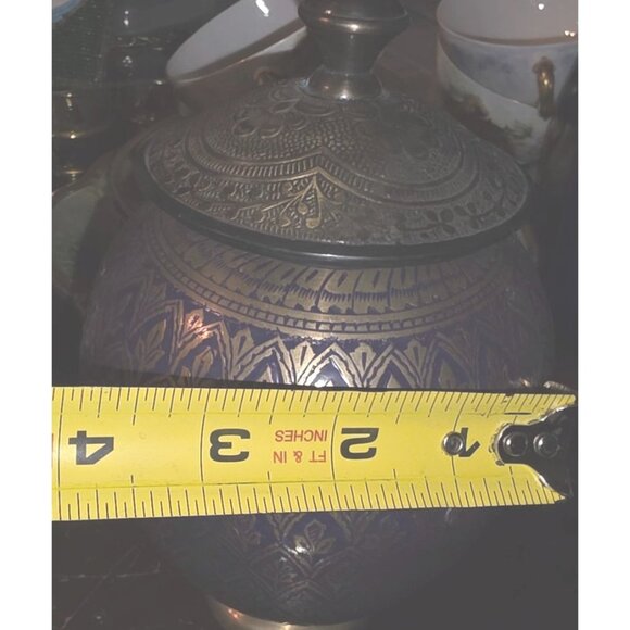 Vintage Brass & Enamel Purple Jar Engraved Handcrafted Lid - 7 X 4" - Picture 5 of 8